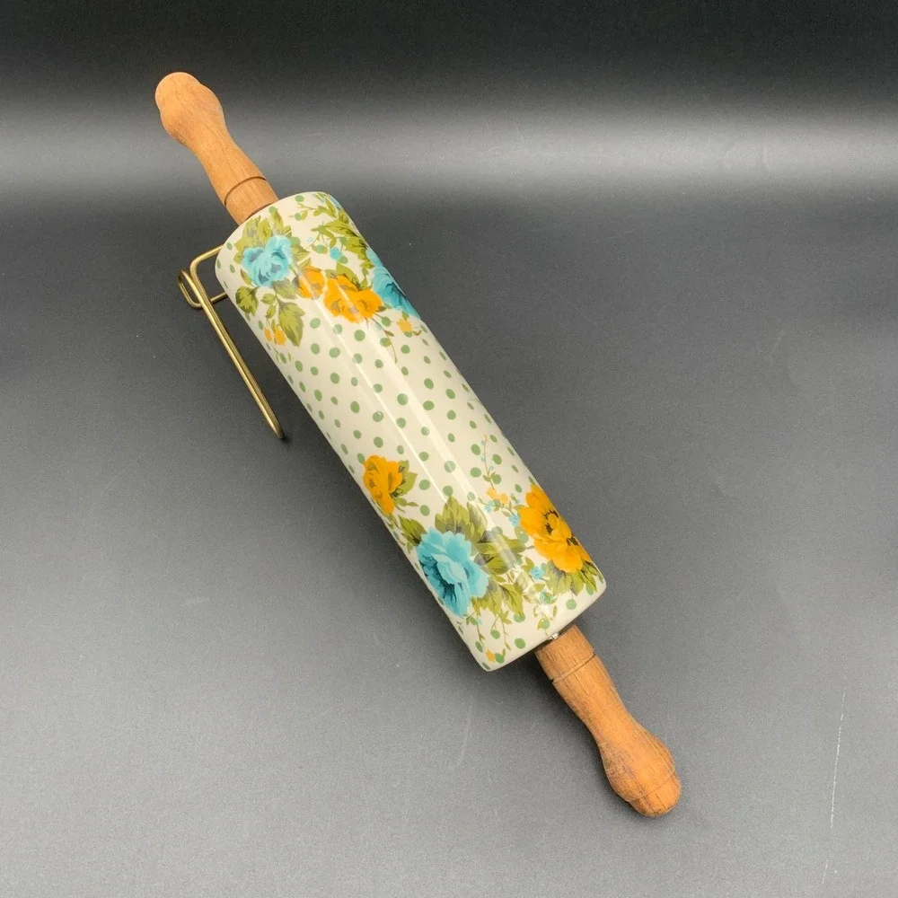 Pioneer Woman Breezy Blossom Ceramic Rolling Pin Wood Handle Floral Dots Retired